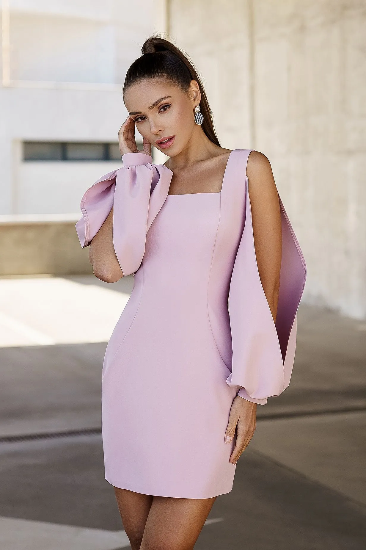 Dusty Pink Square Neck Сut-Out Sleeve Mini Dress