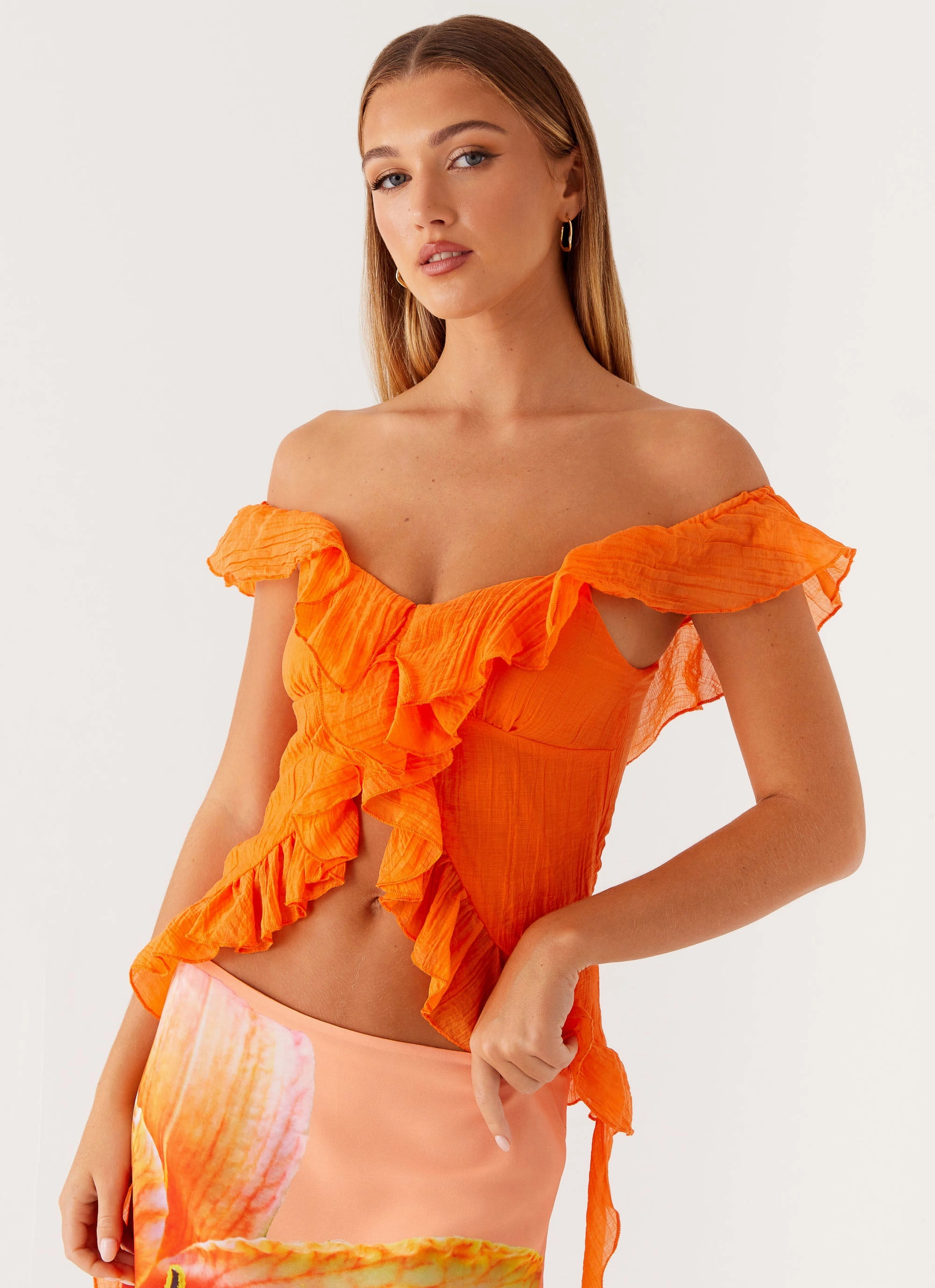 OEKOTEX Certified Fabric Light Reflective Printing Dylan Off Shoulder Top - Orange