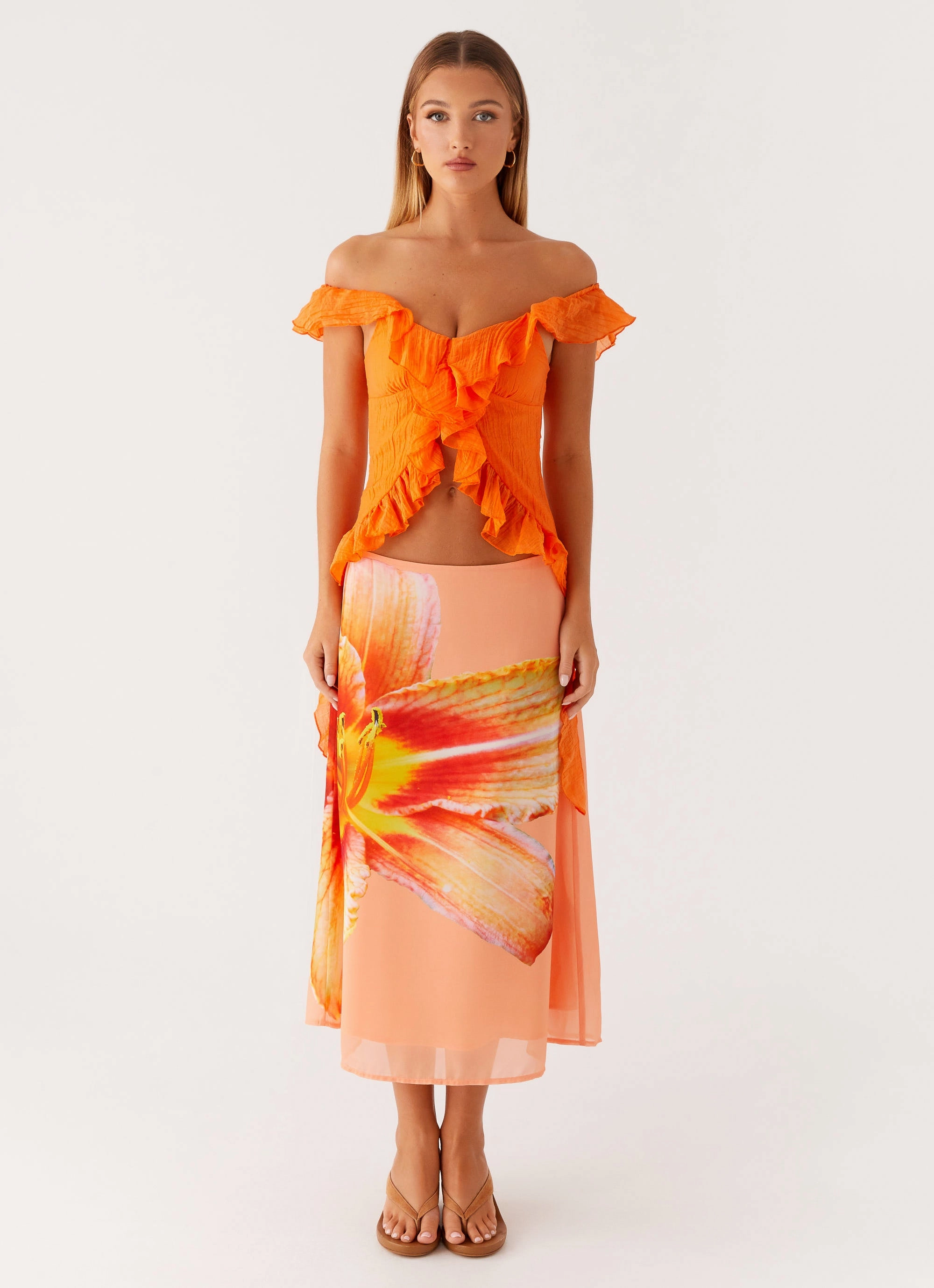 Dylan Off Shoulder Top - Orange FlexibleRibbedTrims