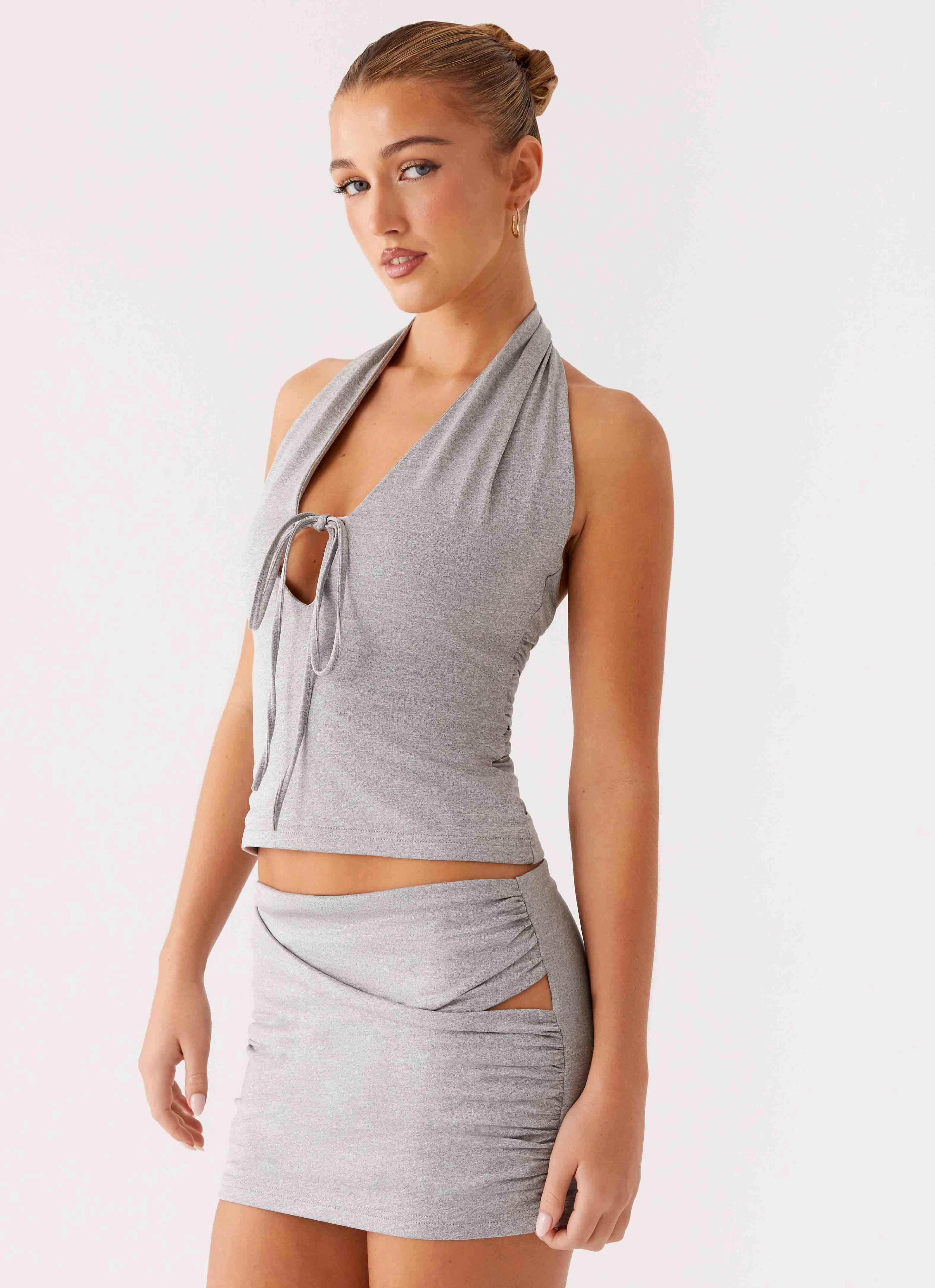 Amia Mini Skirt - Grey Marle Polyester fabric Adjustable Drawcord