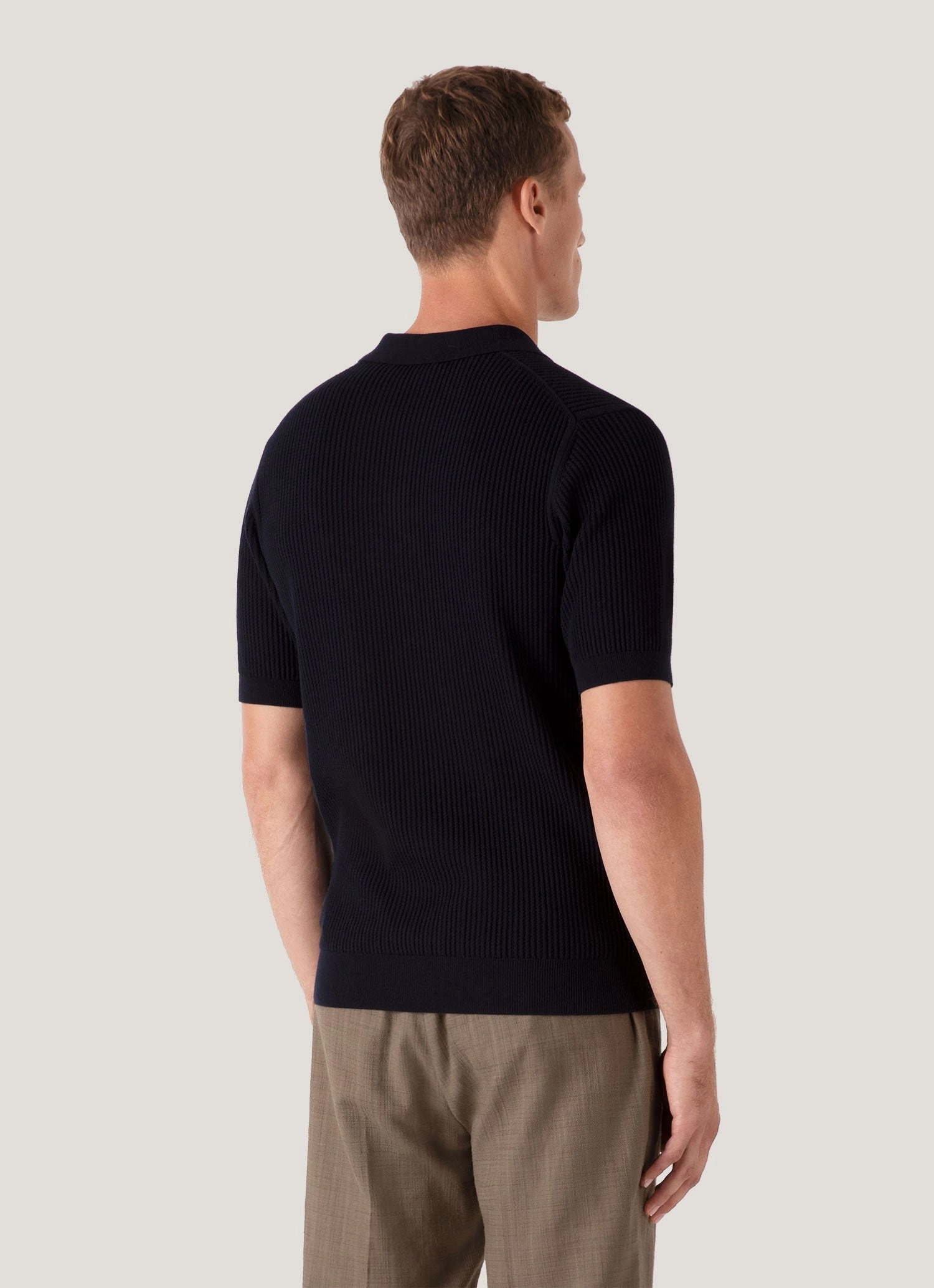 FadeResistant Dye Matte Surface Texture Men's Linear Mesh Knit Polo Shirt in Navy