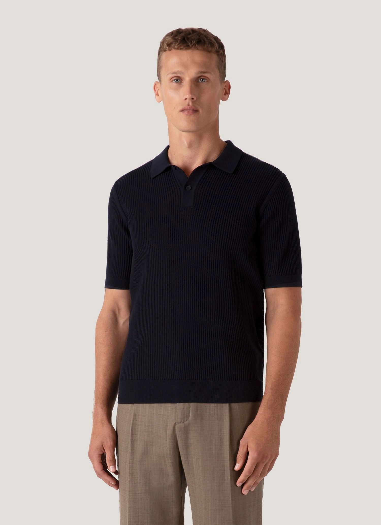 Men's Linear Mesh Knit Polo Shirt in Navy Stretchable Fabric
