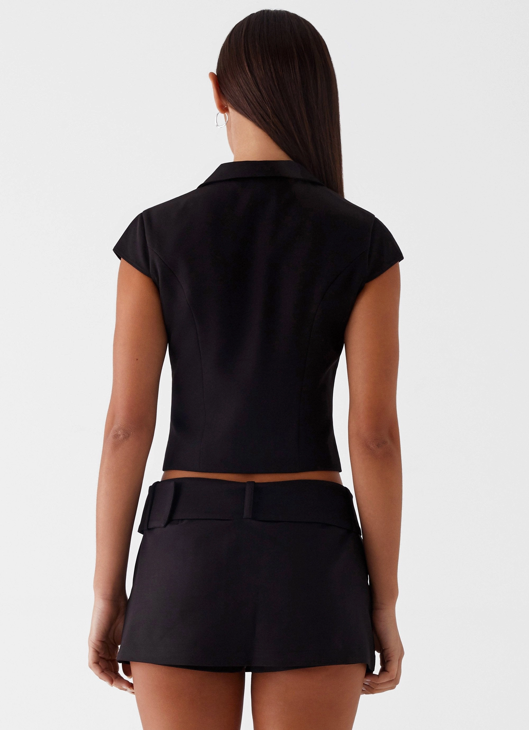 Eadie Tie Front Top - Black Stretchy Top