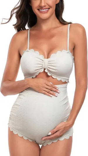 EastElegant Maternity One Piece Swimwear Back Cutout Pregnancy Bikini Scalloped Pregnant Bathing Suit