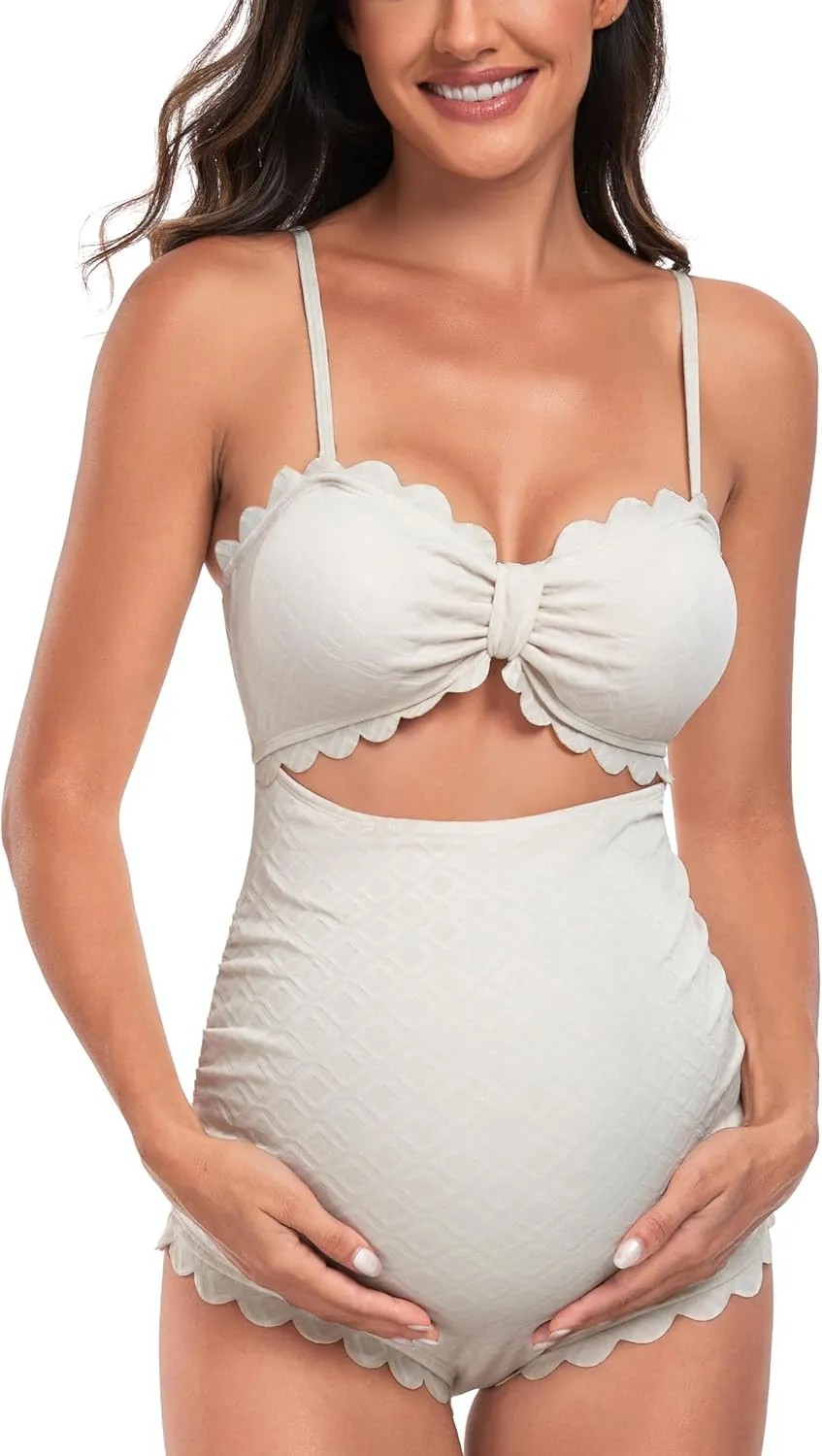 EastElegant Maternity One Piece Swimwear Back Cutout Pregnancy Bikini Scalloped Pregnant Bathing Suit