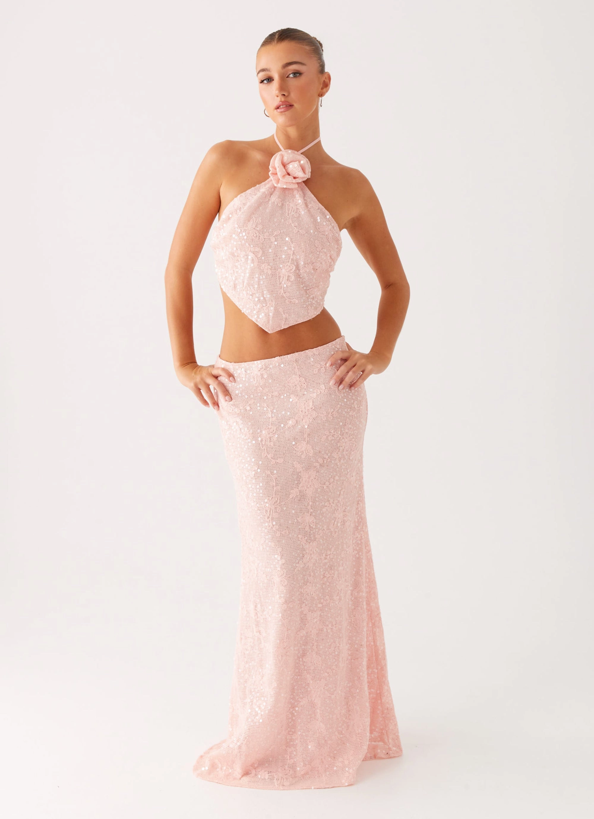 Nico Sequin Maxi Skirt - Pink Sleek Vibe Contoured Waist
