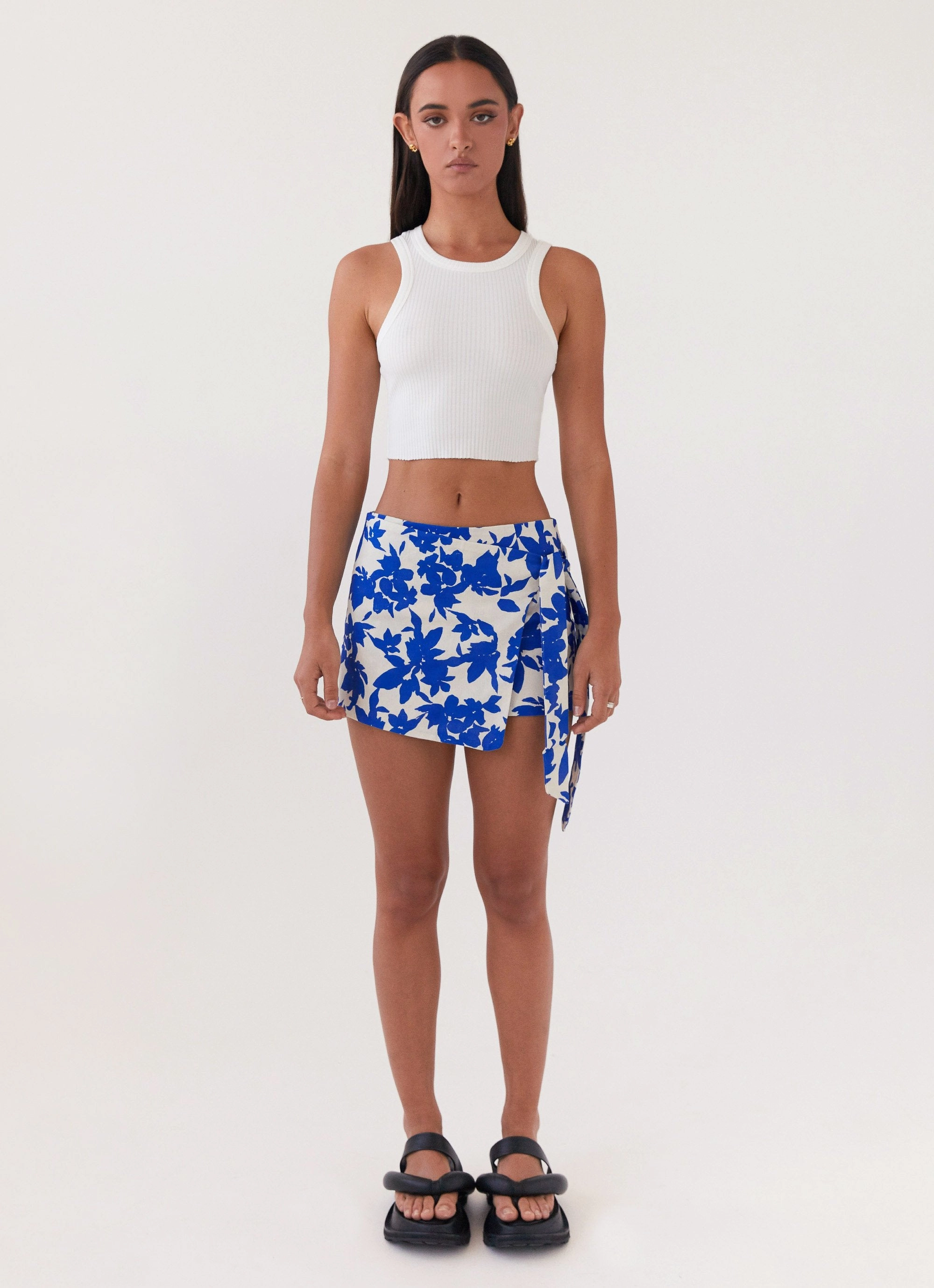 Steal Away Linen Wrap Skirt - Blue Floral Moisture Wicking Fabric Weather Flex