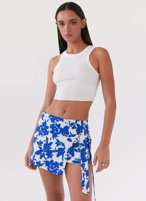Steal Away Linen Wrap Skirt - Blue Floral HypoallergenicFabric Work Friendly