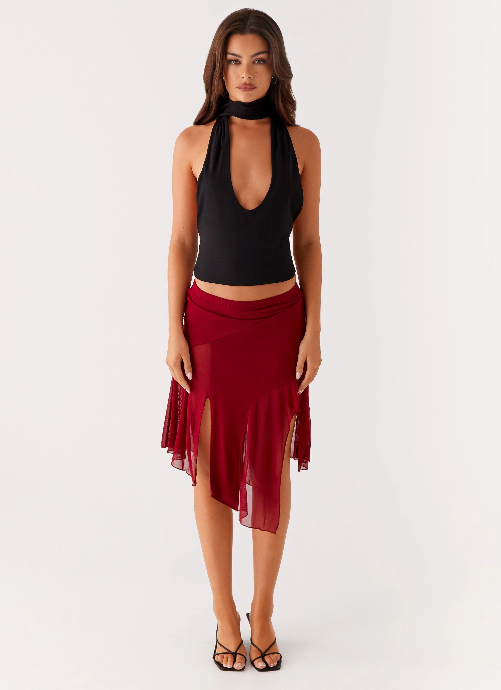 Anthea Mesh Midi Skirt - Red Tough Materials Perfect Pair