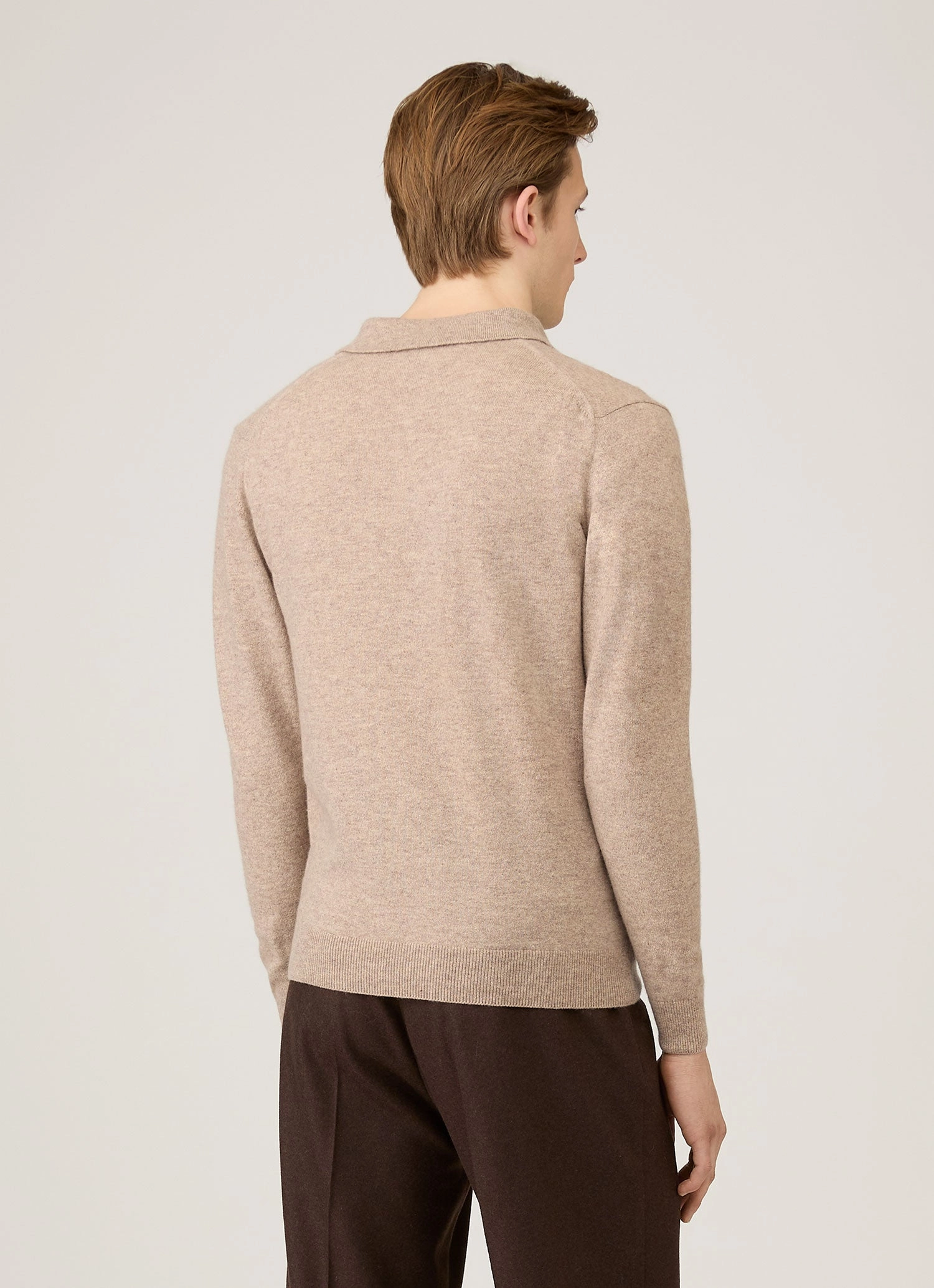 Men's Cashmere Polo Shirt in Oatmeal Melange Bound Edge Detailing Everyday Comfort
