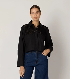 Eco Conscious Dye Process Sierra Blouse | Black Grid Texture Fabric Sierra Blouse | Black
