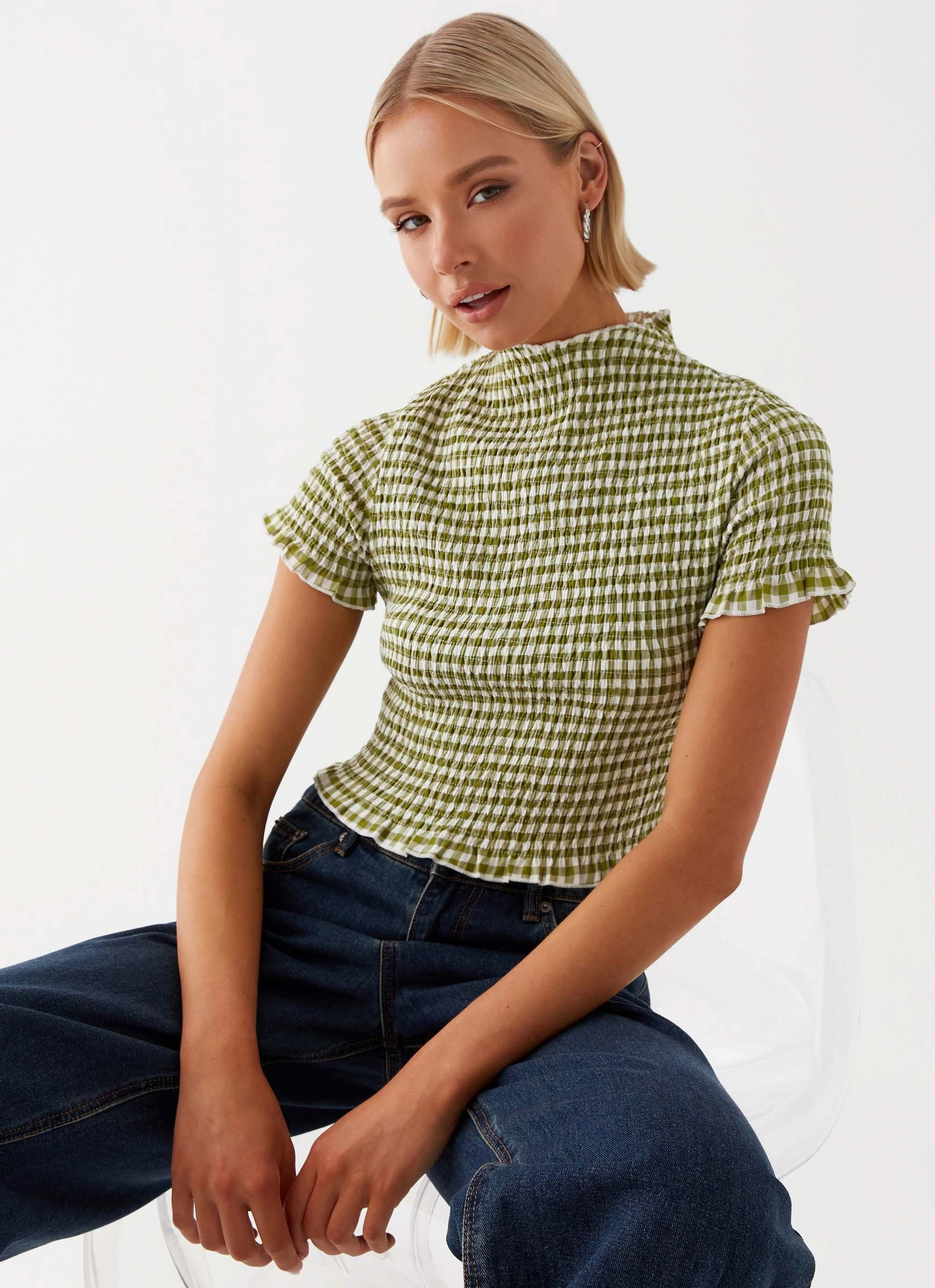 Soft Cotton Blend Basic Wardrobe Cleo Tee - Khaki Gingham