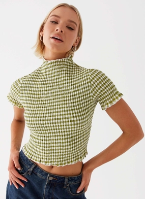 Eco Friendly Cleo Tee - Khaki Gingham Breathable Mesh Insert Cleo Tee - Khaki Gingham
