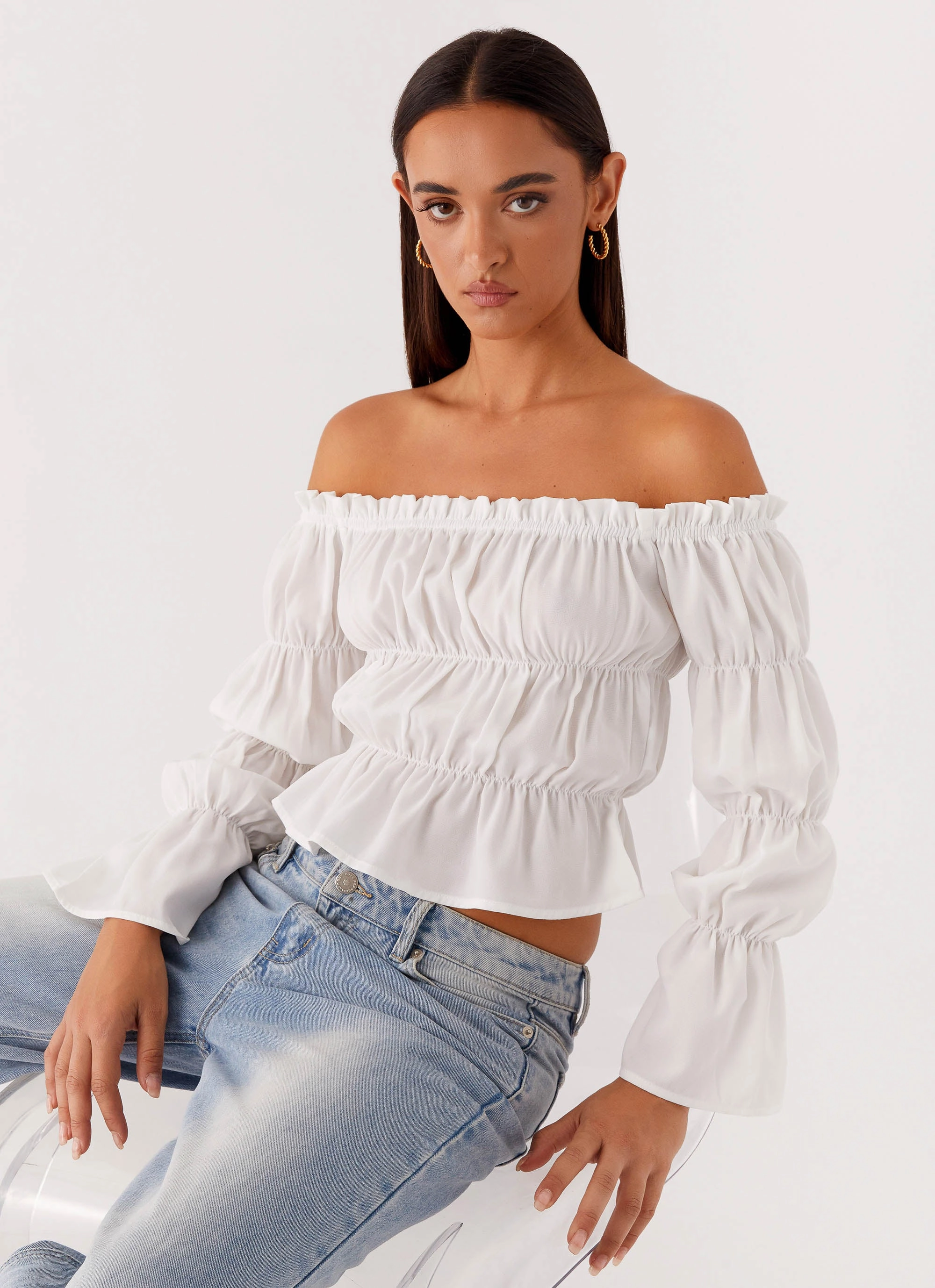 Imara Ruched Long Sleeve Top - Ivory Soft Pullover ThermalRegulationLayer
