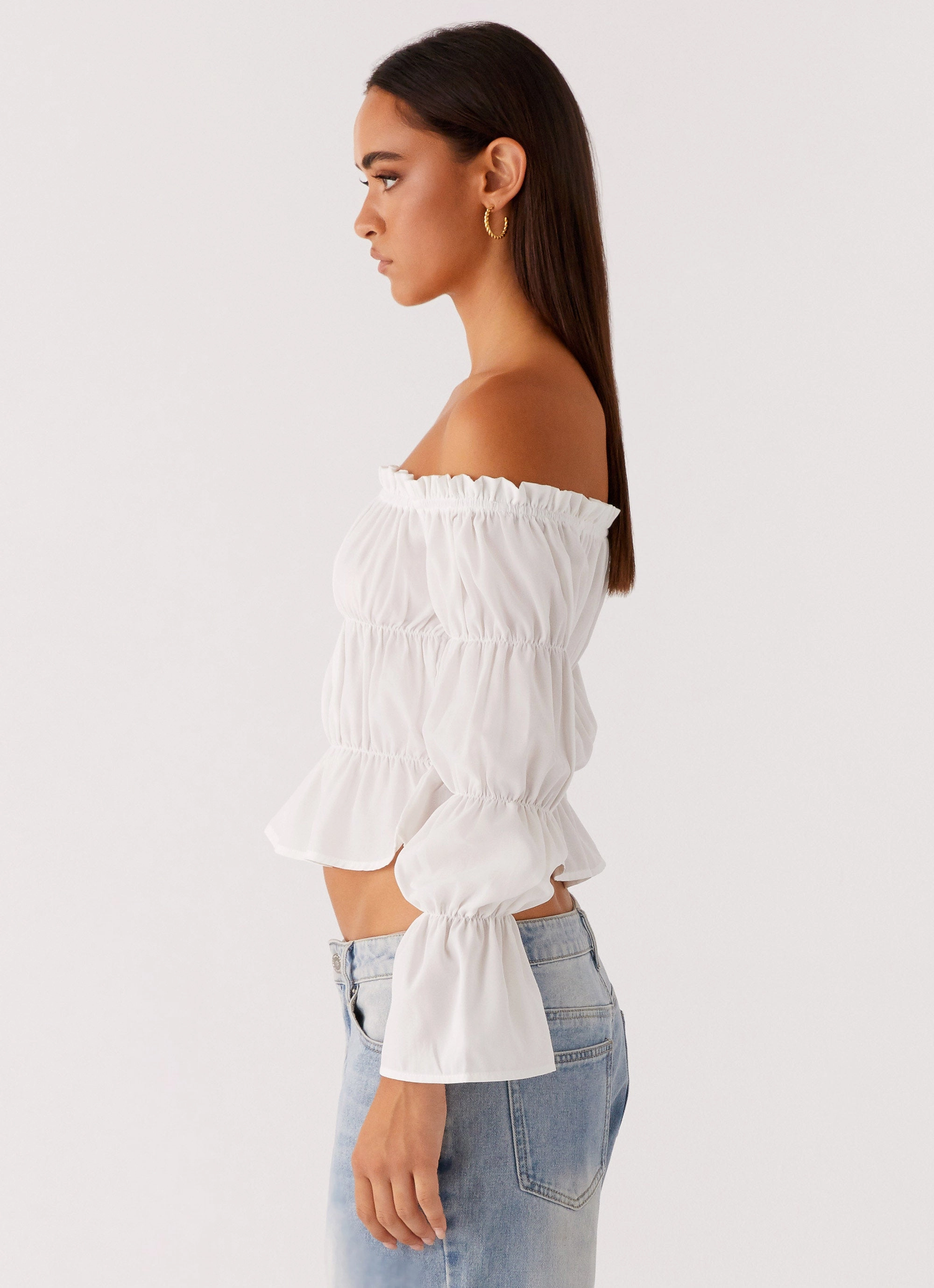 Imara Ruched Long Sleeve Top - Ivory All Over Print Technique