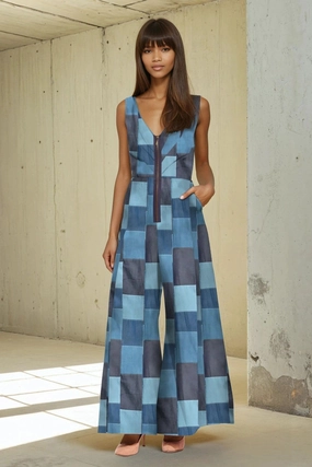 EcoFriendly Dye Process Axella Jumpsuit - Denim Patchwork ComfortStretch Axella Jumpsuit - Denim Patchwork