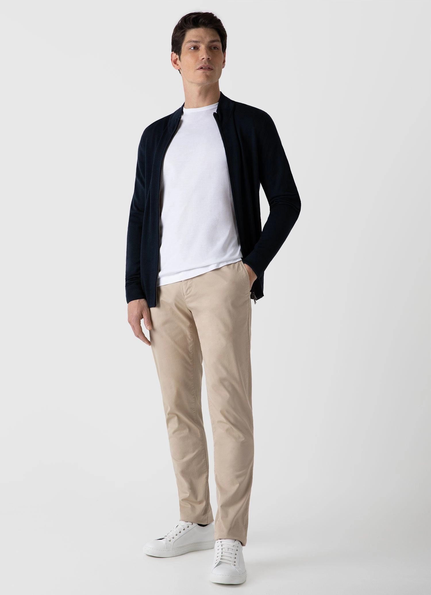 Men's Extra-Fine Merino Zip Cardigan in Light Navy Sleek Texture