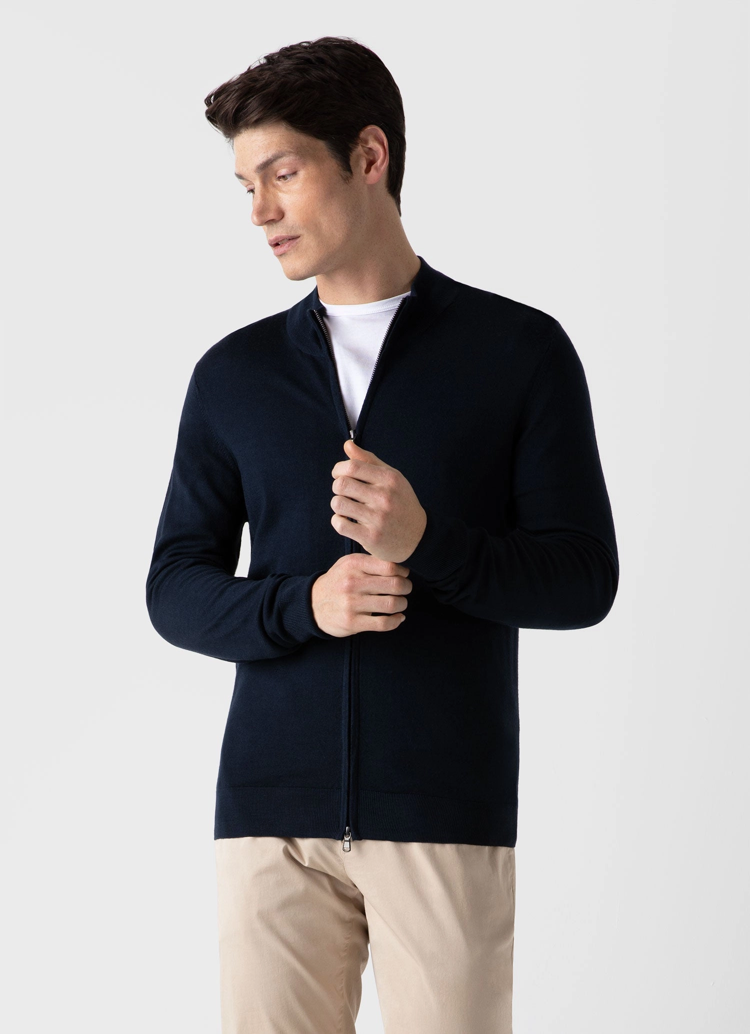 Men's Extra-Fine Merino Zip Cardigan in Light Navy Thermal Lined Cuffs