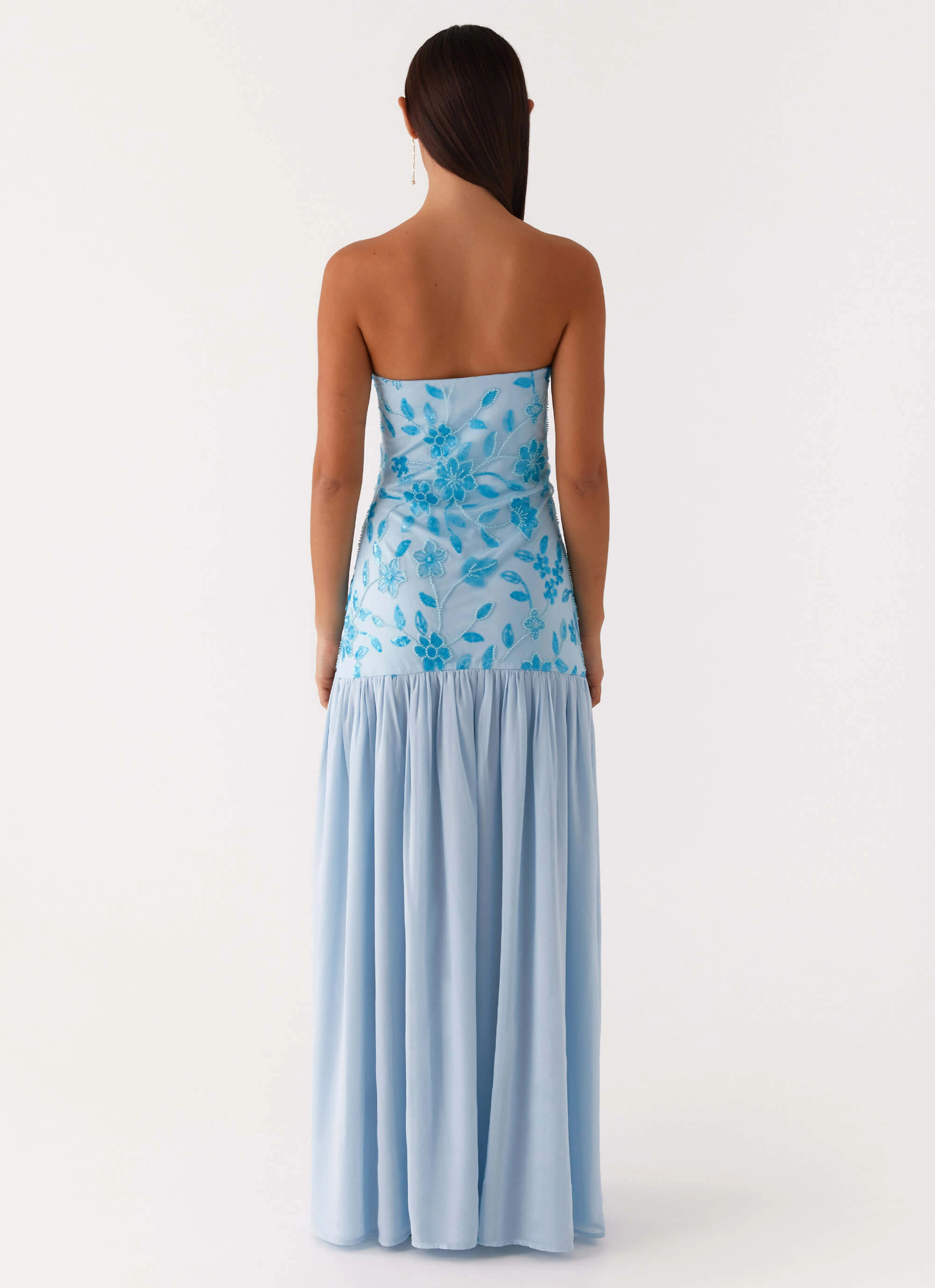 Front Ruffle Urban Touch Eden Strapless Beaded Maxi Dress - Blue