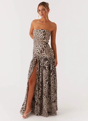 Eden Strapless Maxi Dress - Leopard Side Pockets Wool-Blend Eden Strapless Maxi Dress - Leopard