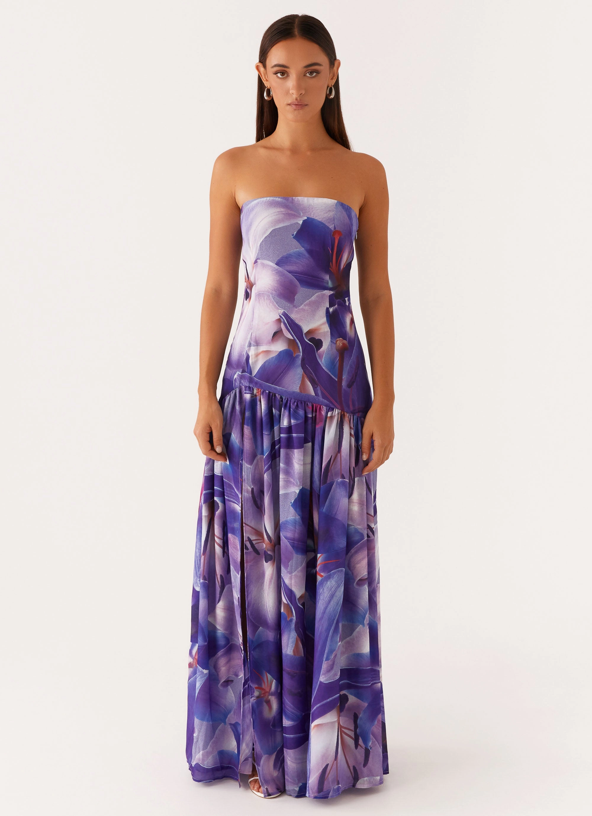 and Effortless fit dress. Eden Strapless Maxi Dress - Purple White Lilly