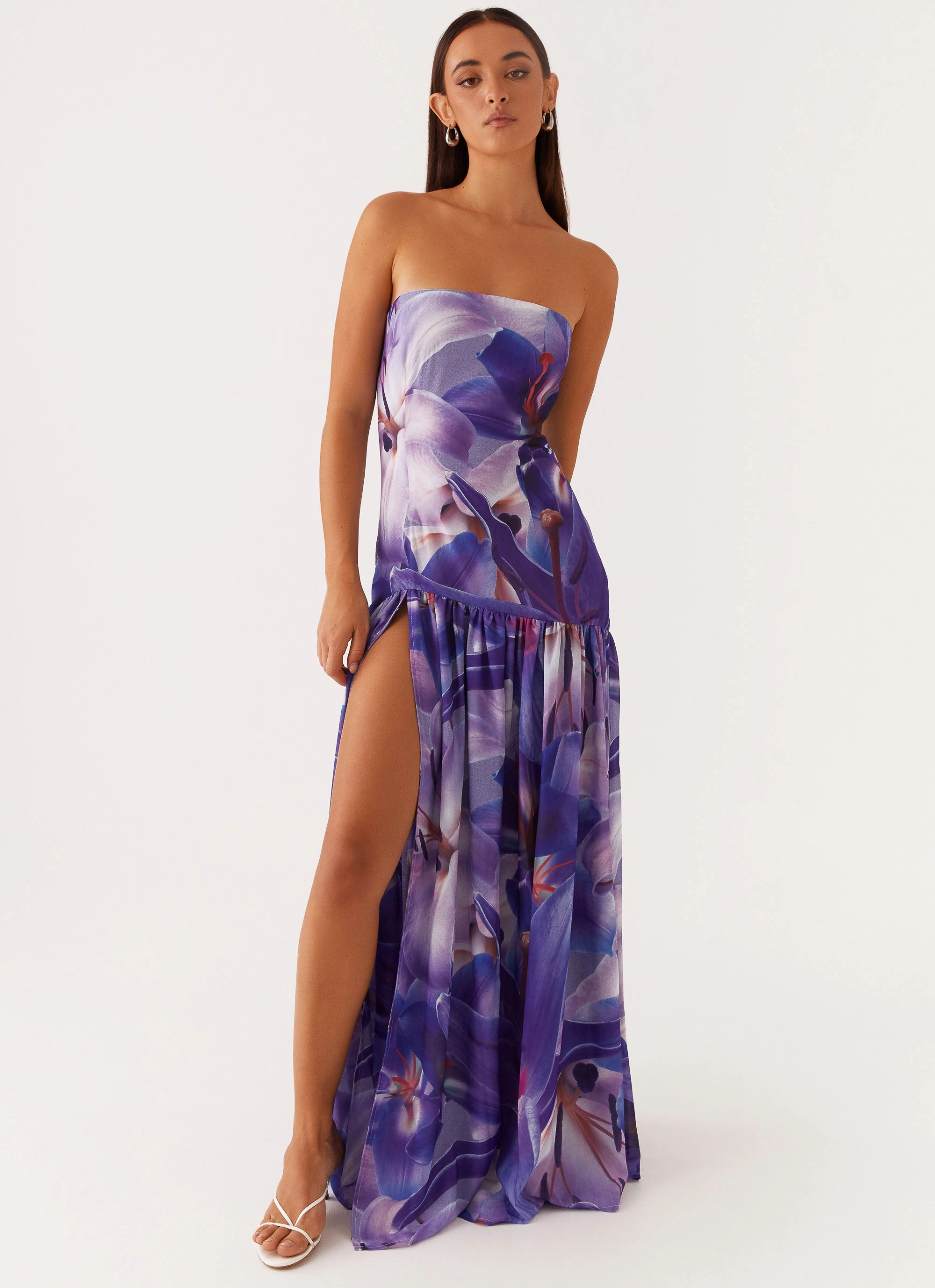Eden Strapless Maxi Dress - Purple White Lilly Embroidered-Detail Zip Closure