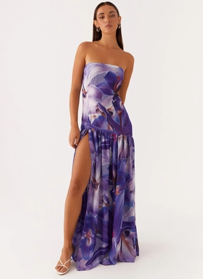 Eden Strapless Maxi Dress - Purple White Lilly Bubble Hem Eden Strapless Maxi Dress - Purple White Lilly Embroidered-Detail Zip Closure