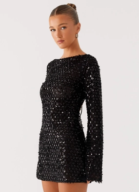 Edessa Sequin Mini Dress - Black Natural Look Cool Movement Modest Cut Edessa Sequin Mini Dress - Black