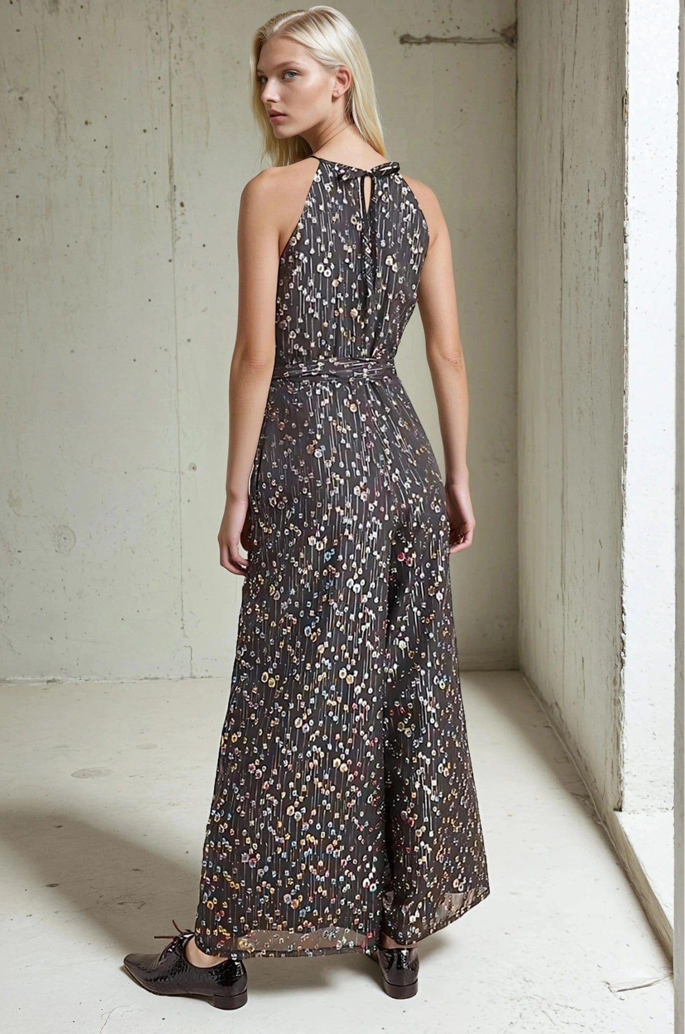 QuickDryConstruction CompressionSupportWeave Edita Halter Metallic Clip Dot Jumpsuit