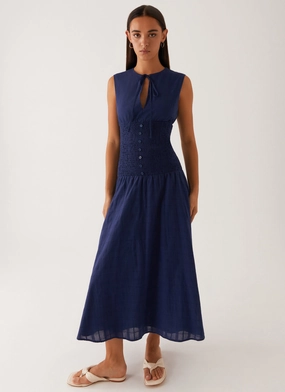 Editorial Piece Belle Shirred Waist Midi Dress - Navy Belle Shirred Waist Midi Dress - Navy Sweet Mood