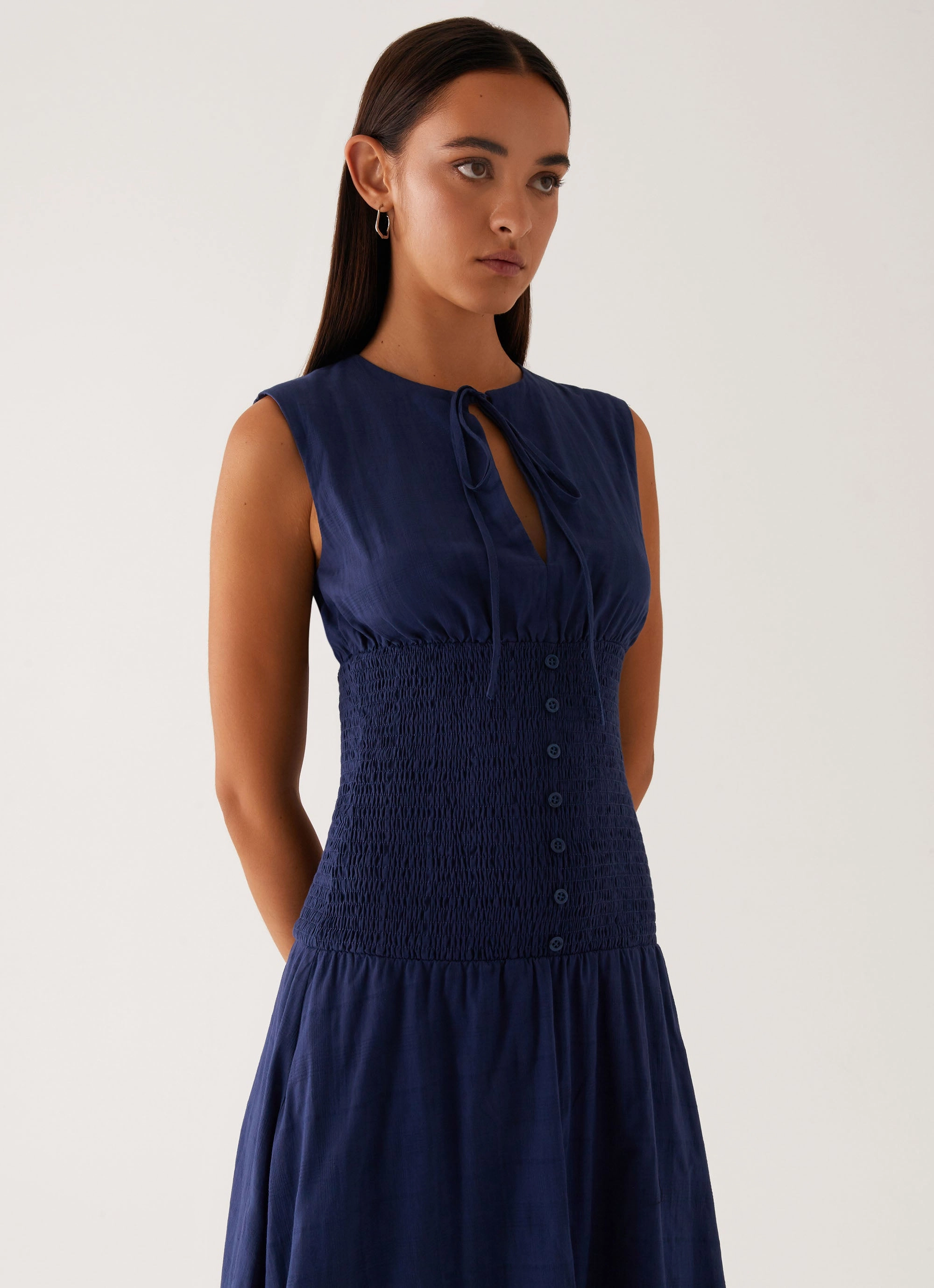 Dual Tones Built-In-Slip Belle Shirred Waist Midi Dress - Navy