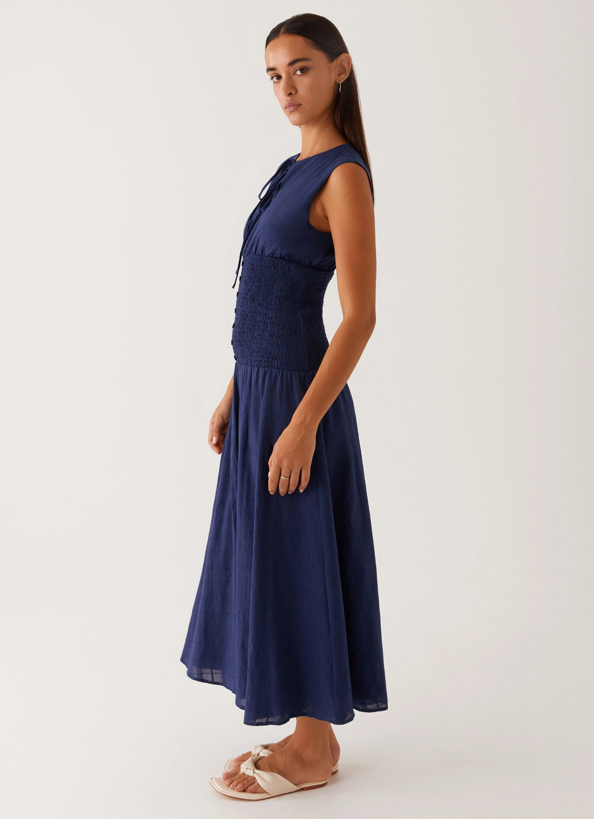Belle Shirred Waist Midi Dress - Navy Street Ready