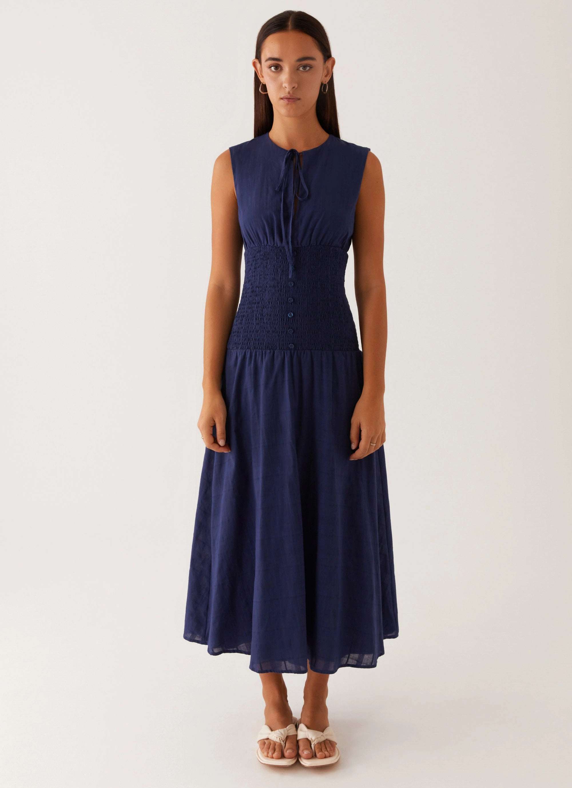 Bloom Soft Belle Shirred Waist Midi Dress - Navy