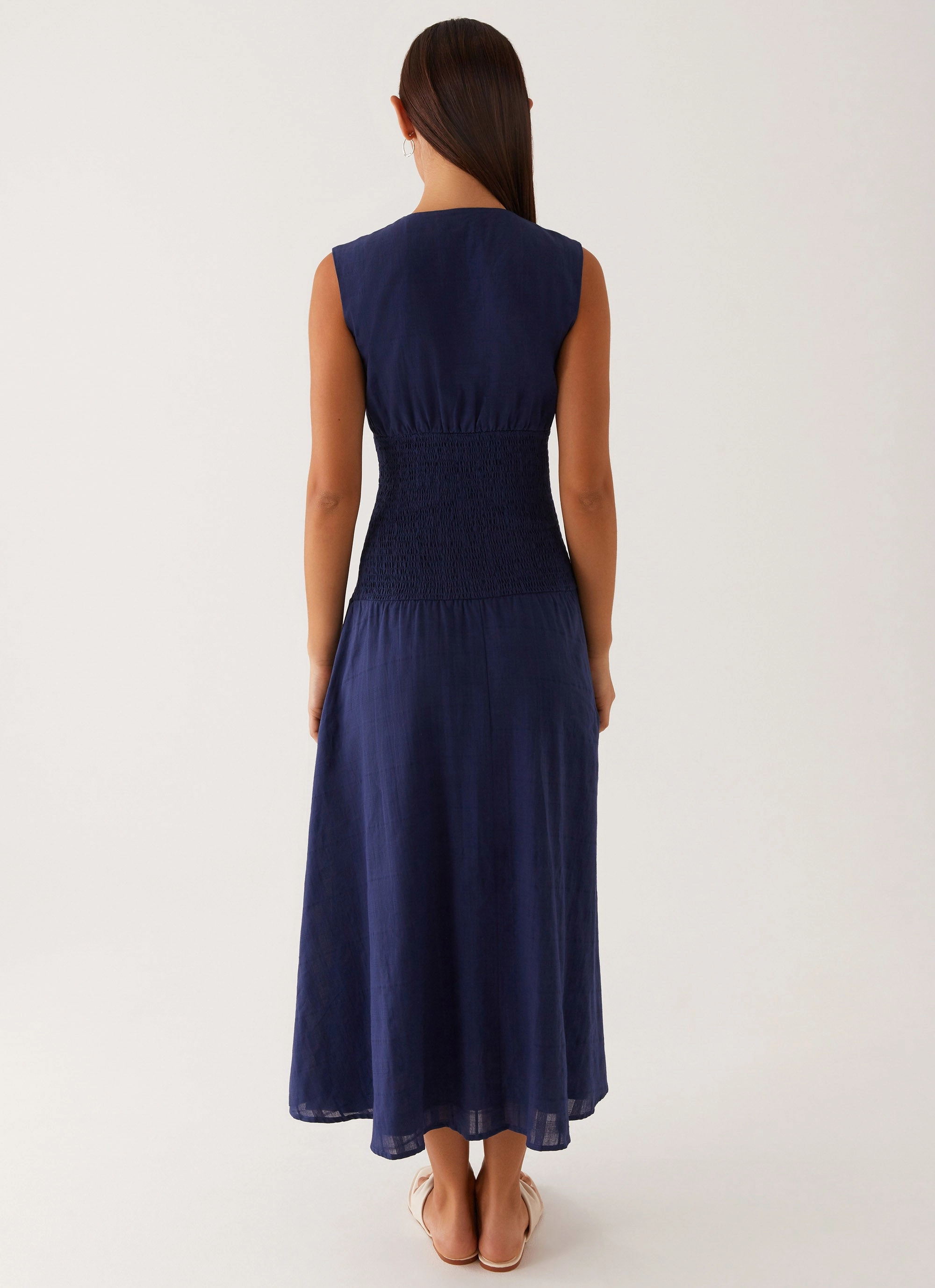 Belle Shirred Waist Midi Dress - Navy Party Floral TemperatureRegulatingFabric