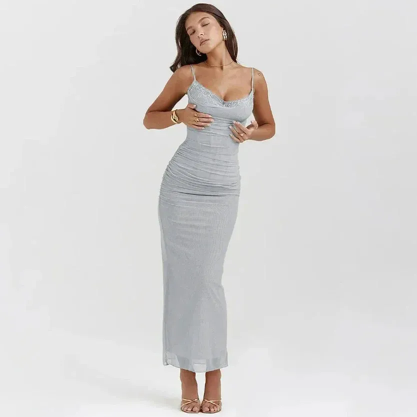 Elegant and Pretty Women's Rose Spaghetti Strap Mesh Corset Midi Sexy Birthday Lace Dress
