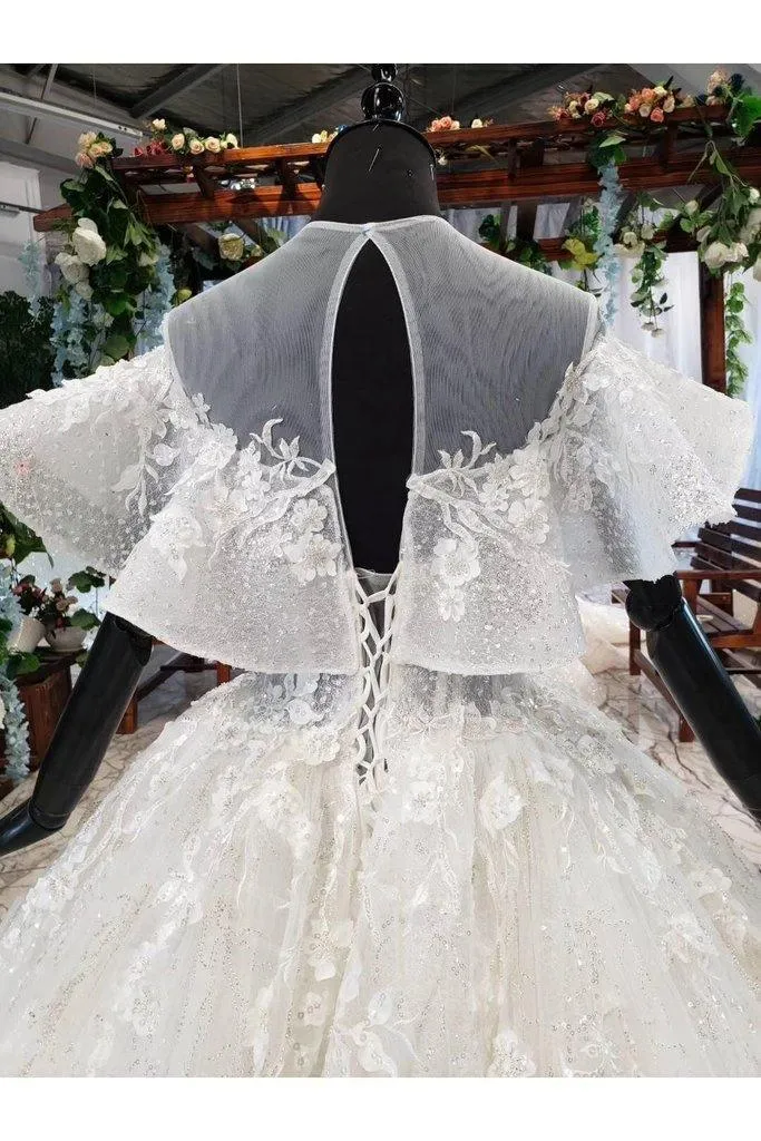 Elegant Ball Gown Big Wedding Dresses, Appliques Bridal Dress with Short Sleeves TN185