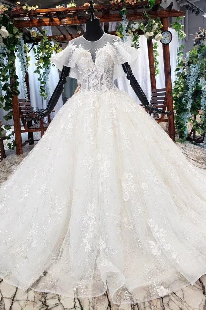 Elegant Ball Gown Big Wedding Dresses, Appliques Bridal Dress with Short Sleeves TN185
