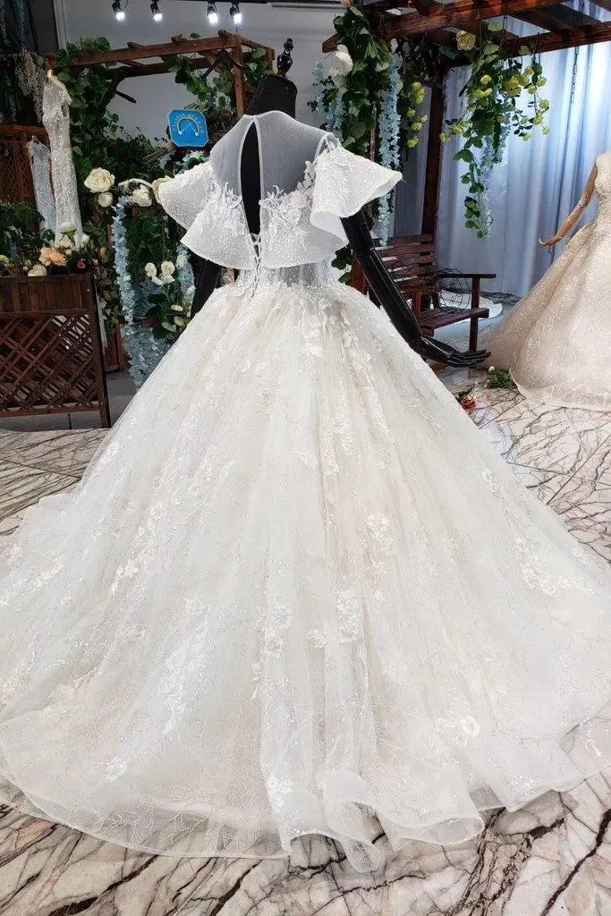 Elegant Ball Gown Big Wedding Dresses, Appliques Bridal Dress with Short Sleeves TN185
