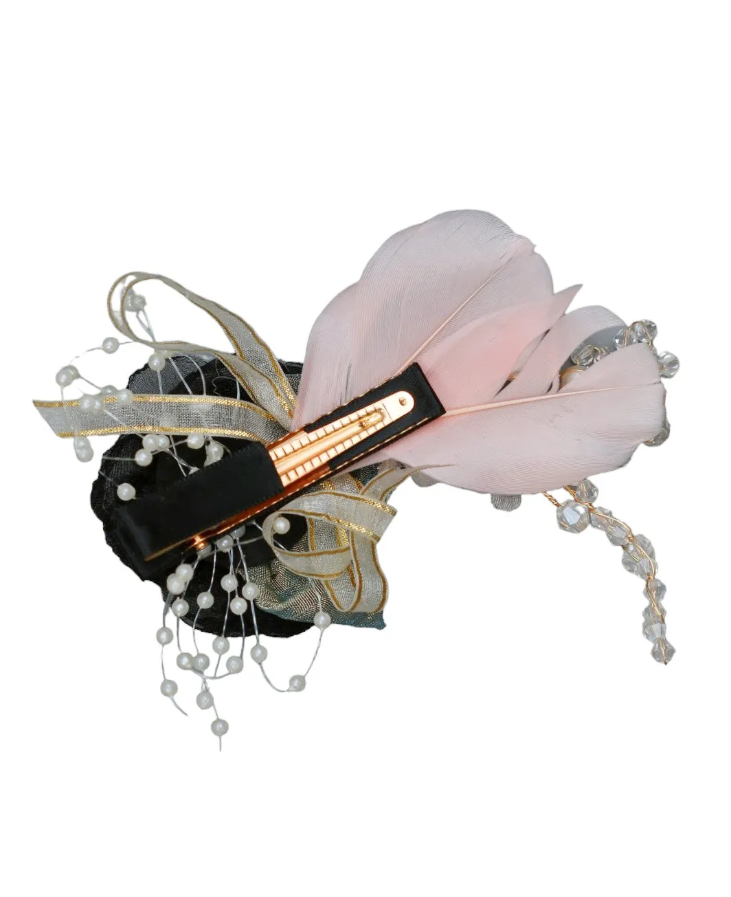 Elegant Black Flower Rosette Hair Clip with Pearls and Pink Accents