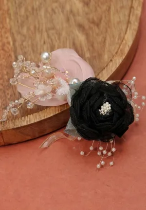 Elegant Black Flower Rosette Hair Clip with Pearls and Pink Accents
