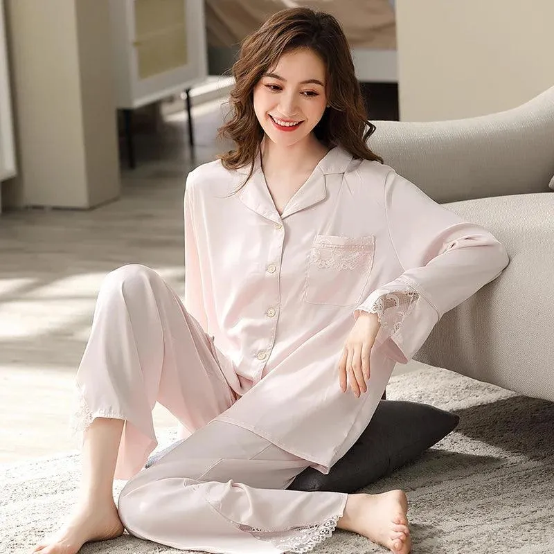 Elegant Blush Ice Silk Pajama Ensemble with Delicate Lace Details