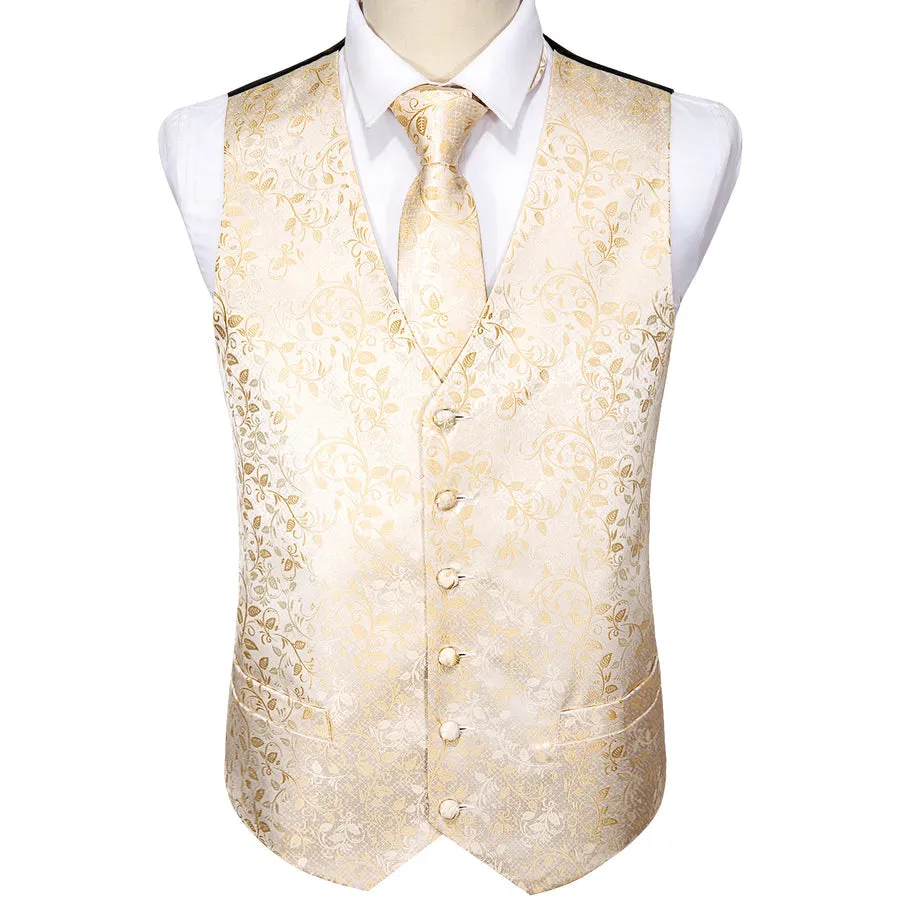 Elegant Champagne Floral Silk Vest Set