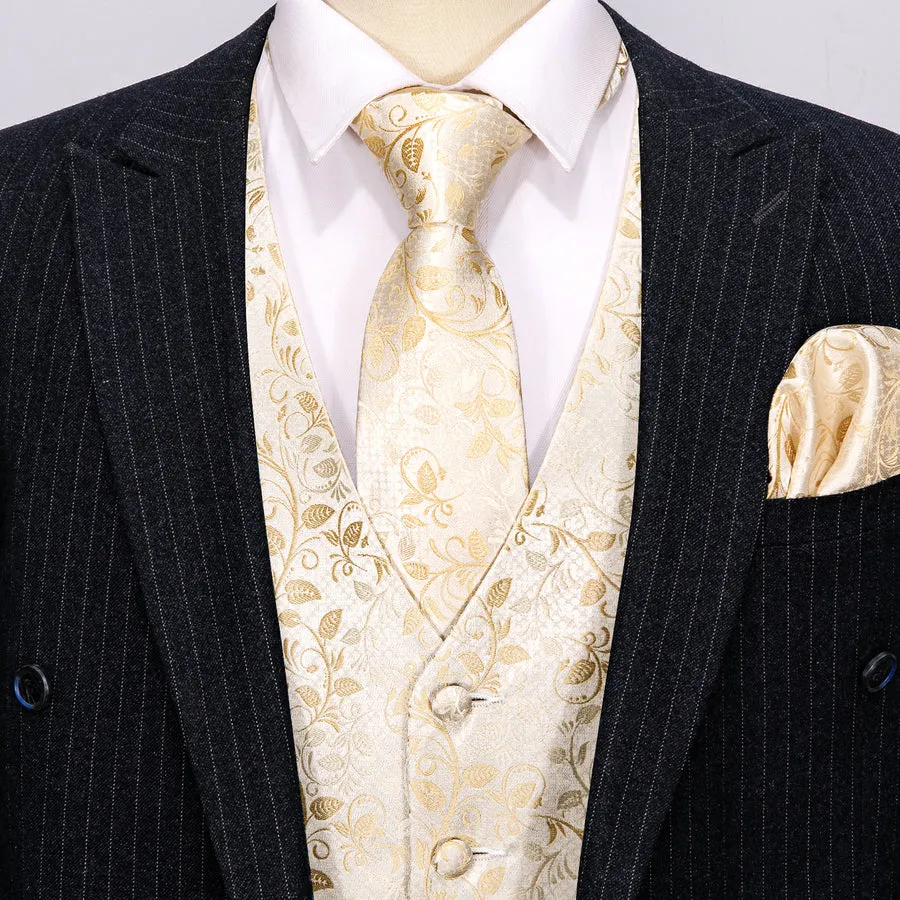 Elegant Champagne Floral Silk Vest Set