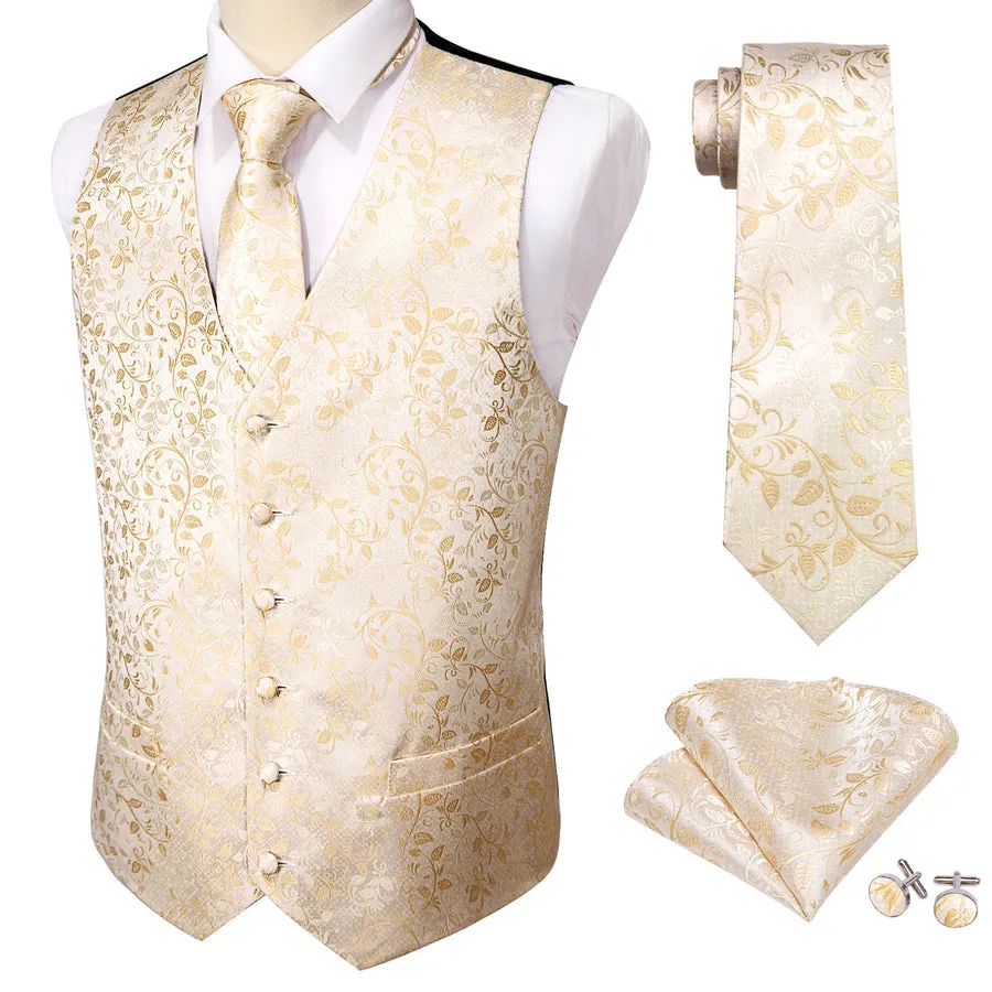 Elegant Champagne Floral Silk Vest Set