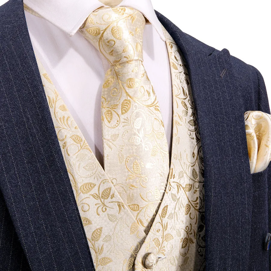 Elegant Champagne Floral Silk Vest Set