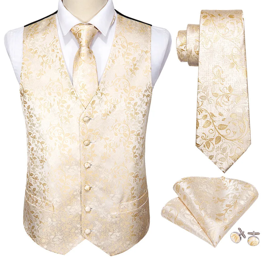 Elegant Champagne Floral Silk Vest Set