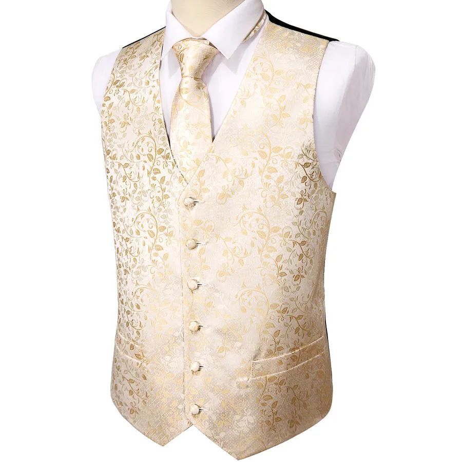 Elegant Champagne Floral Silk Vest Set