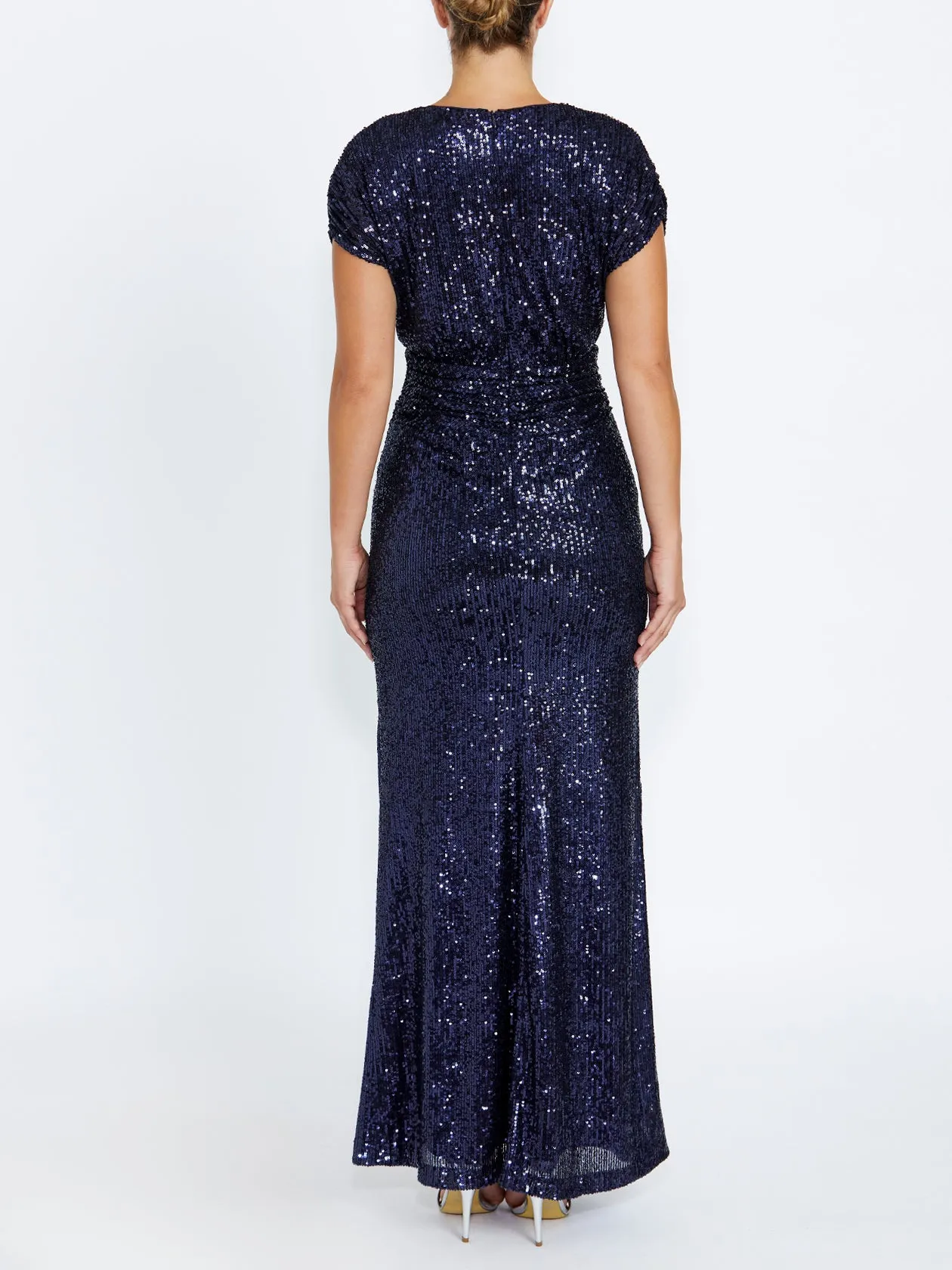 Quiet Luxury polka-dot Calista Navy Sequin Gown