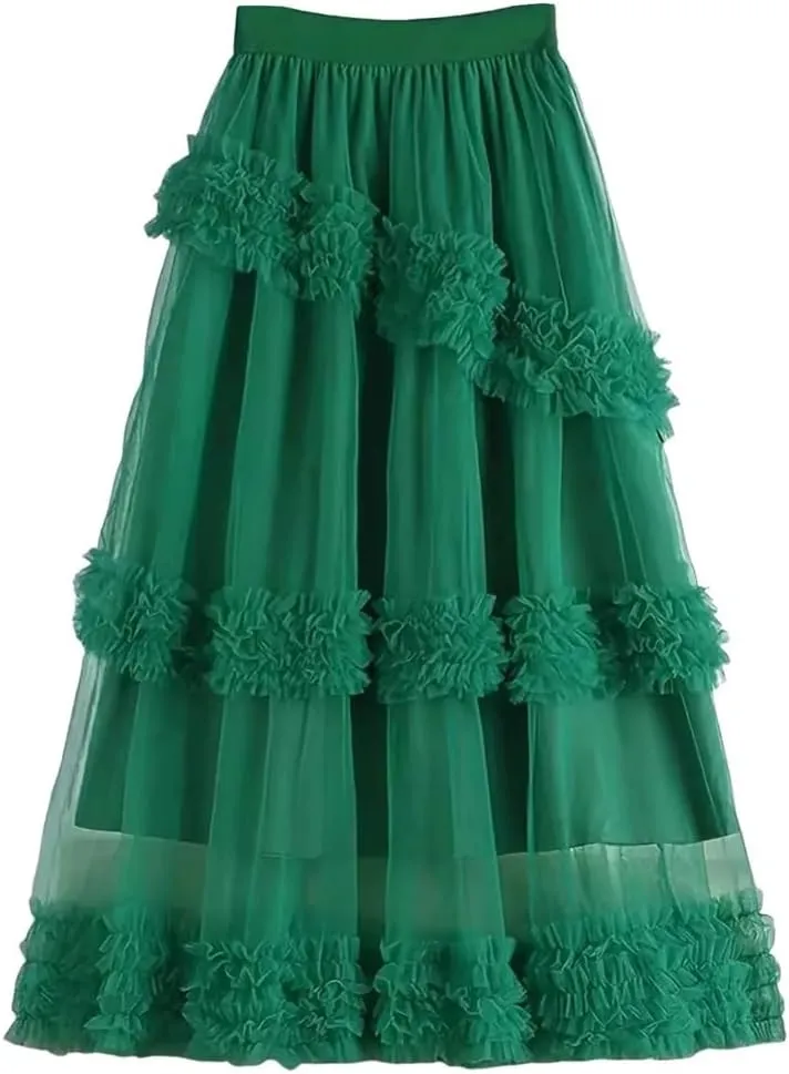 Elegant Layered Tulle Skirt Women Ruffles A-Line Mesh Skirts Gown High Waist Pleated Gauze Skirt