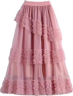 Elegant Layered Tulle Skirt Women Ruffles A-Line Mesh Skirts Gown High Waist Pleated Gauze Skirt